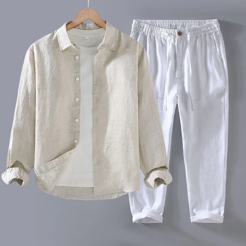 100% Linen Shirt Pants Set for Men, Summer Casual Short Sleeve Button Down Shirt & Elastic Waist Pants 2 Piece Outfit