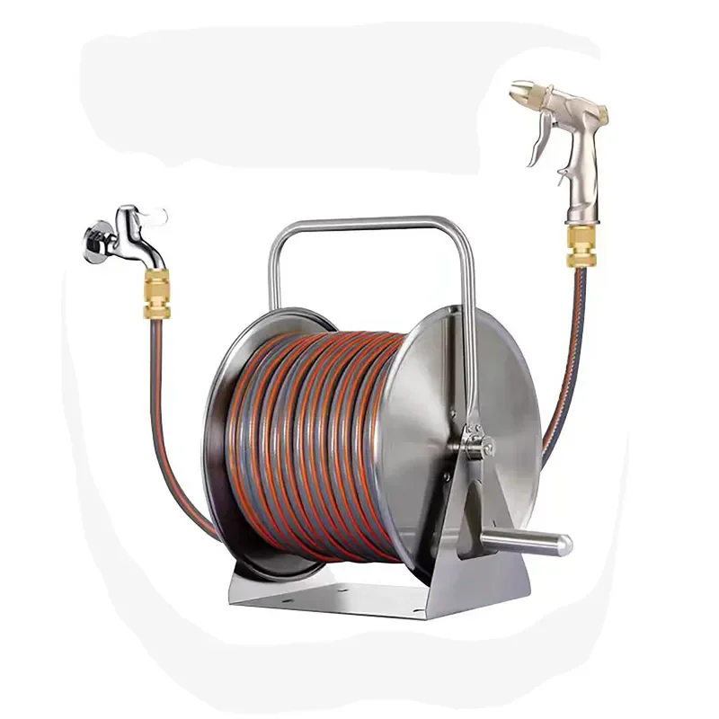 Stainless Steel Garden Hose Reel Cart Portable Heavy Duty Water Pipe Storage Rack for Outdoor Lawn Irrigation System Tool