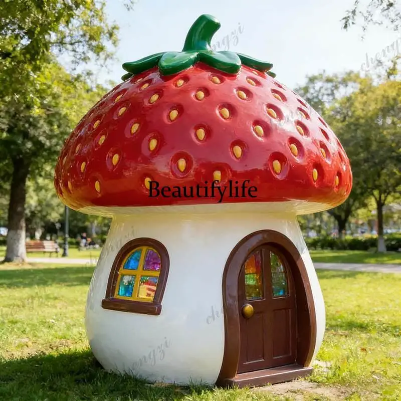 Creative strawberry shape mushroom hut landscape decoration outdoor house plastic art sculpture