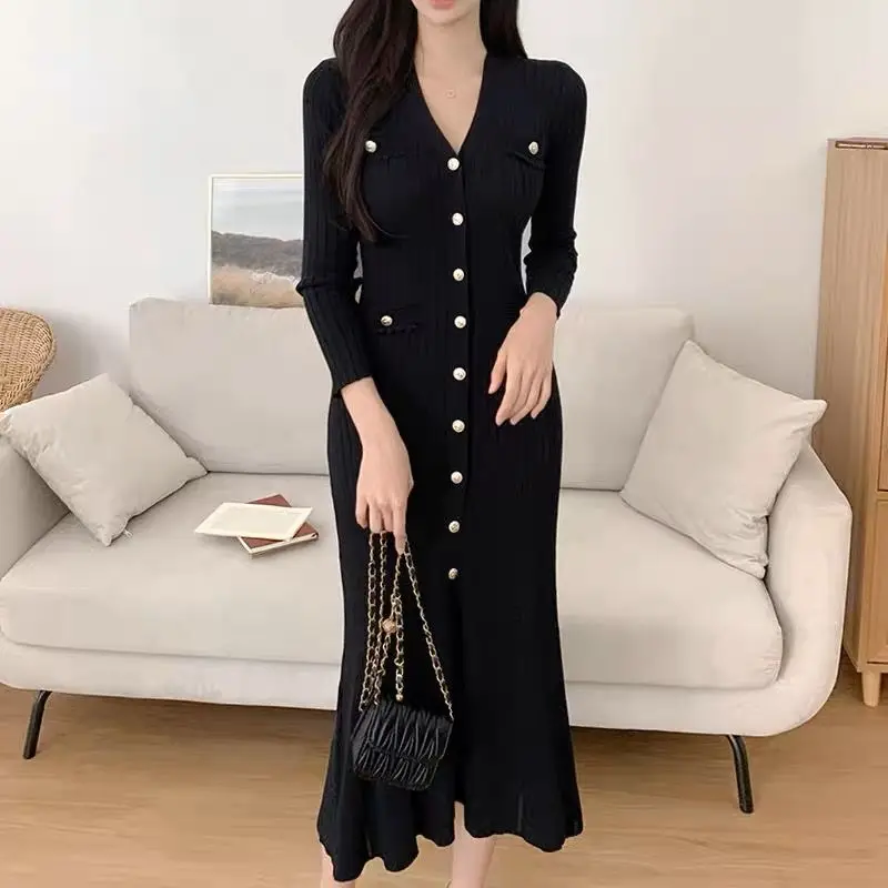 Houzhou elegante Party kleider für Frauen koreanische Vintage lange schlanke V-Ausschnitt Bodycone einteilige Midi-Kleid Nähen Freizeit kleid