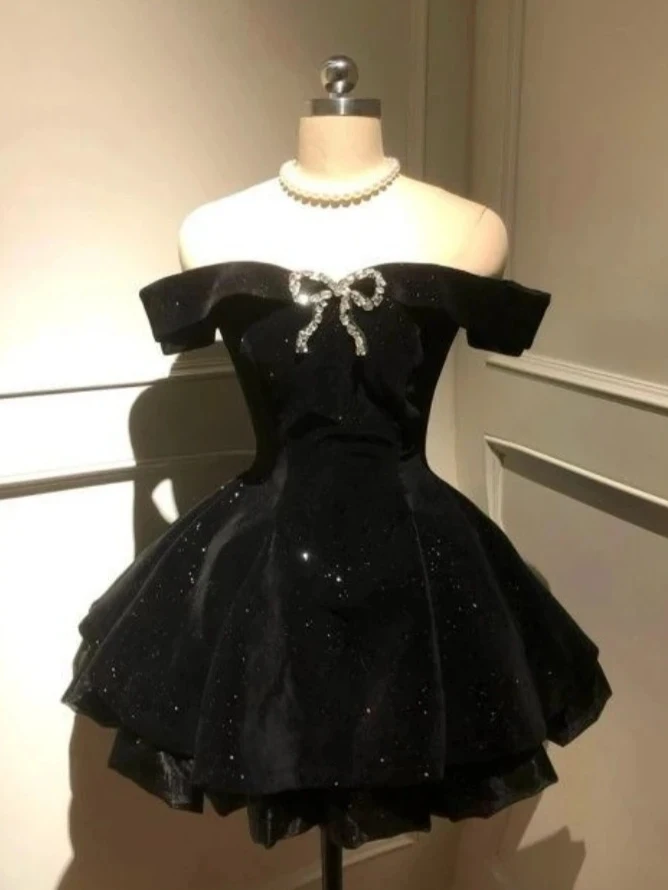 Elegancka francuska sukienka z aksamitu z odkrytymi ramionami, kokardą, dopasowana, vintage, w kształcie litery A, mini, damska, Y2K, na wieczorne przyjęcie, wyszczuplająca, lolita, formalna.