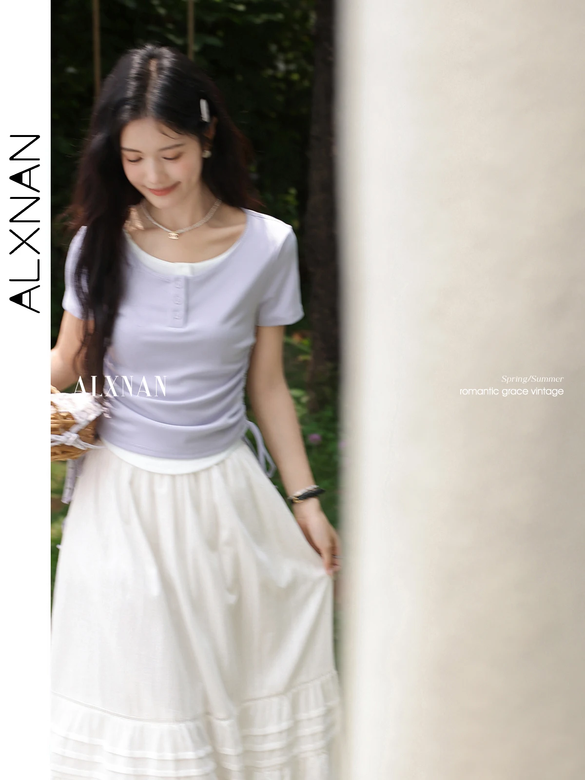ALXNAN Plus Size Women's T-shirt Purple Elegant Short Sleeve T-shirt 2025 Summer Round Neck Drawstring Waist Tops Ladies D10588