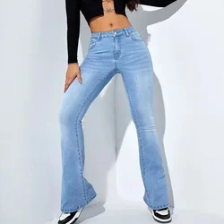 Jeans Women Denim Pants Long Pant Sheath Slim Fit Sexy Solid Mid Waist Button Pocket Trousers Straight Hip Wrap Casual