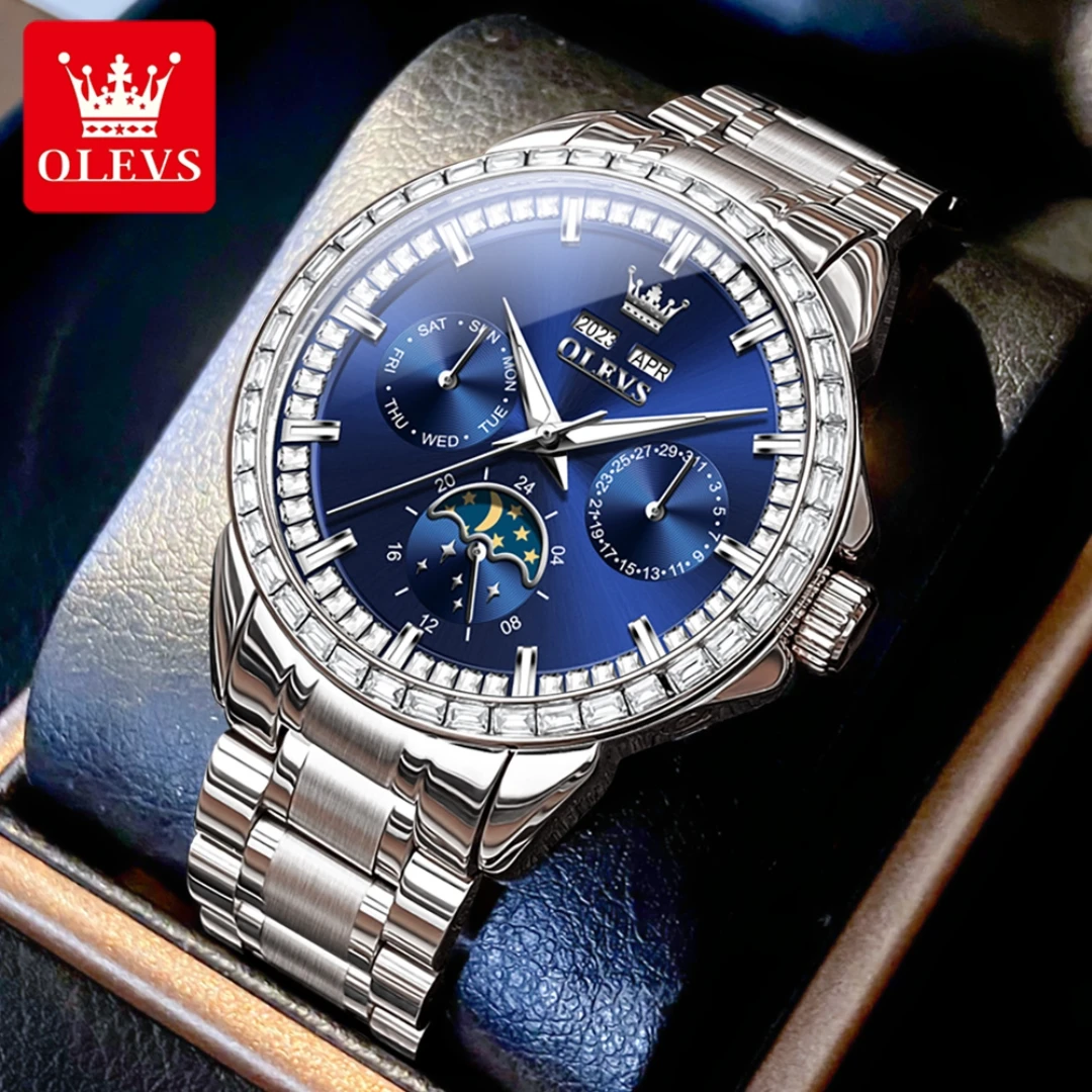 

OLEVS 6695, модные механические часы, подарок, ремешок для часов из нержавеющей стали, наручные часы с круглым циферблатом, фаза Луны, неделя, дисплей, календарь