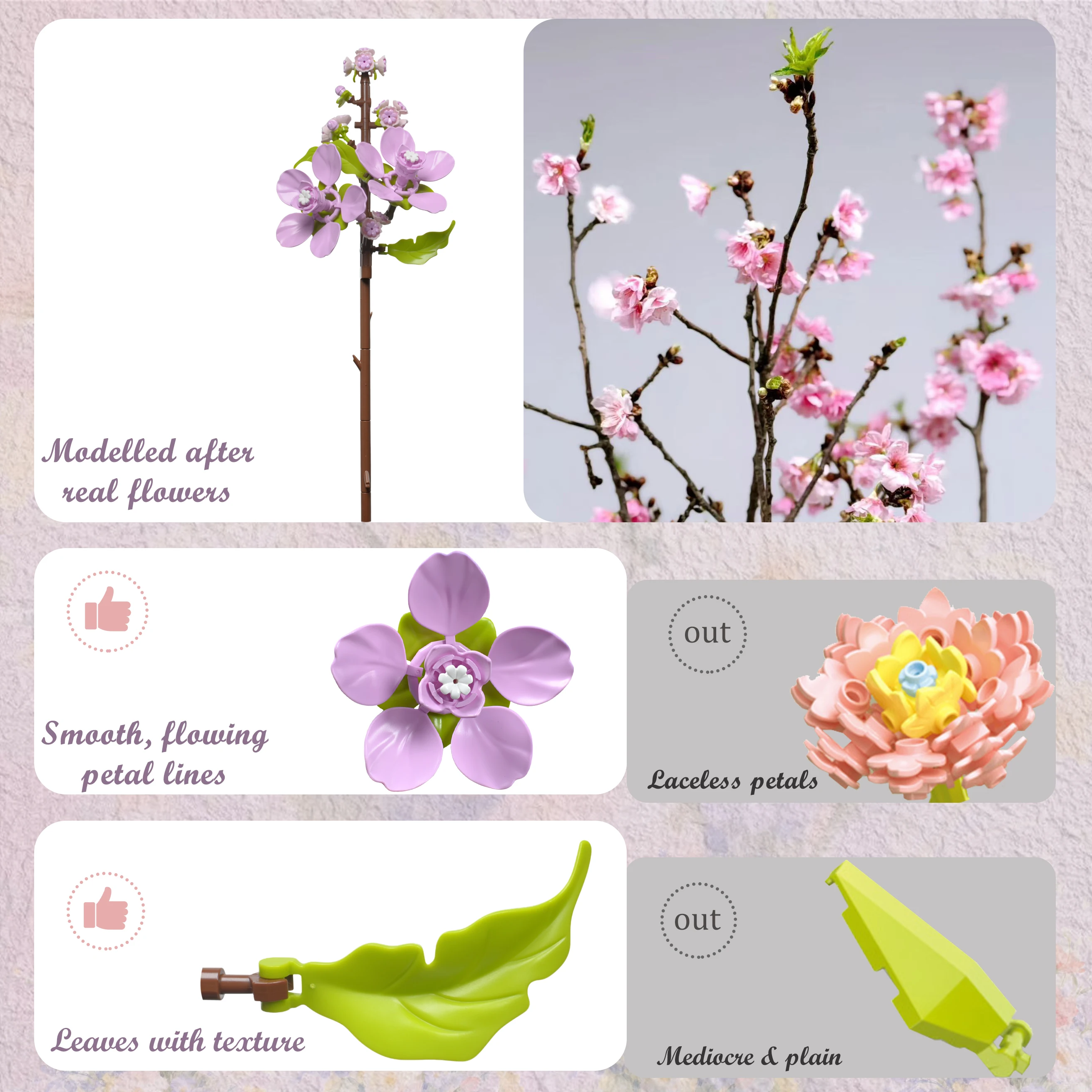 Cherry Blossoms Building Block Bouquet,  Flowers Featuring Gradient Petal Details, Ideal for Tabletop Display and DIY Home Decor - view 3