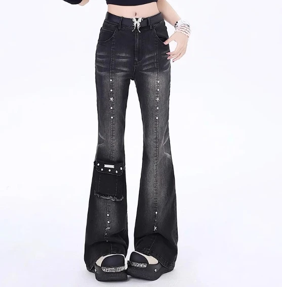 Cool Female Summer Retro Sexy High Waist Black Gray Gothic Bootcut Jeans Fashion Age Reduction Versatile Slim Street Trousers