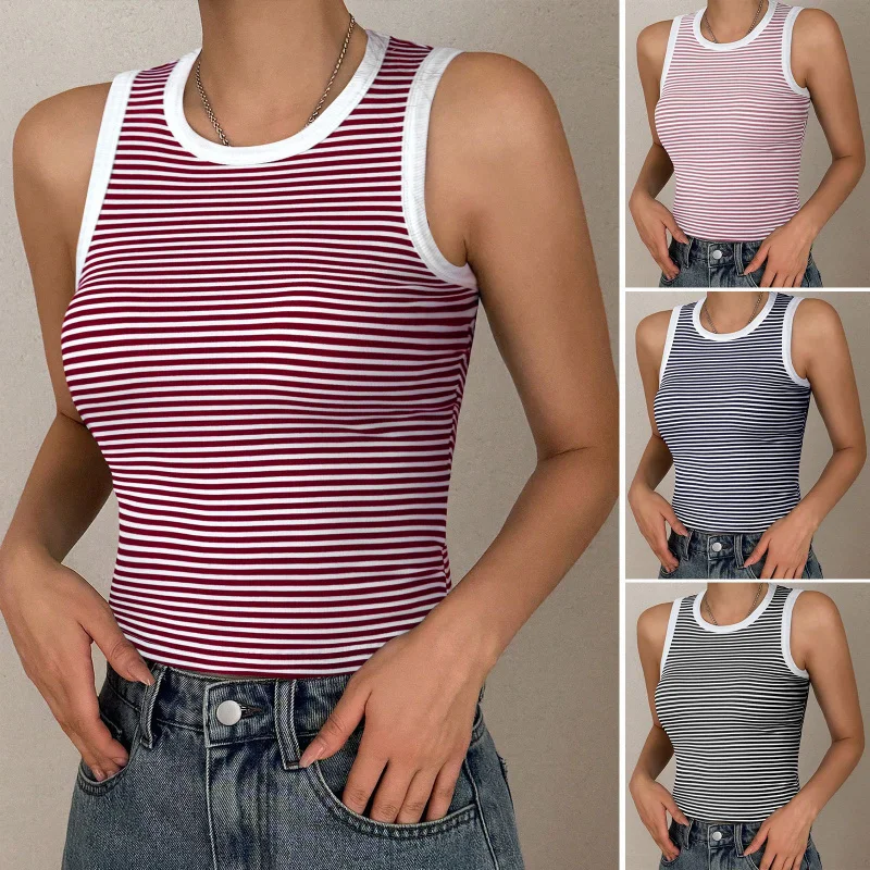 

Sexy Sweet And Spicy Style Knitted Striped Contrasting Top, Vest, Base Shirt