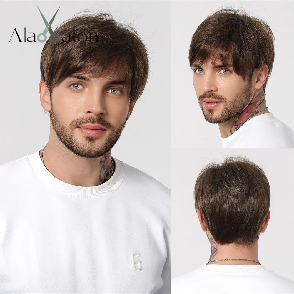 ALAN EATON Dark Brown Short Wig for Men Side Part Synthetic Layered Wigs with Bangs Natural Looking Synthetic Hair Full Wig