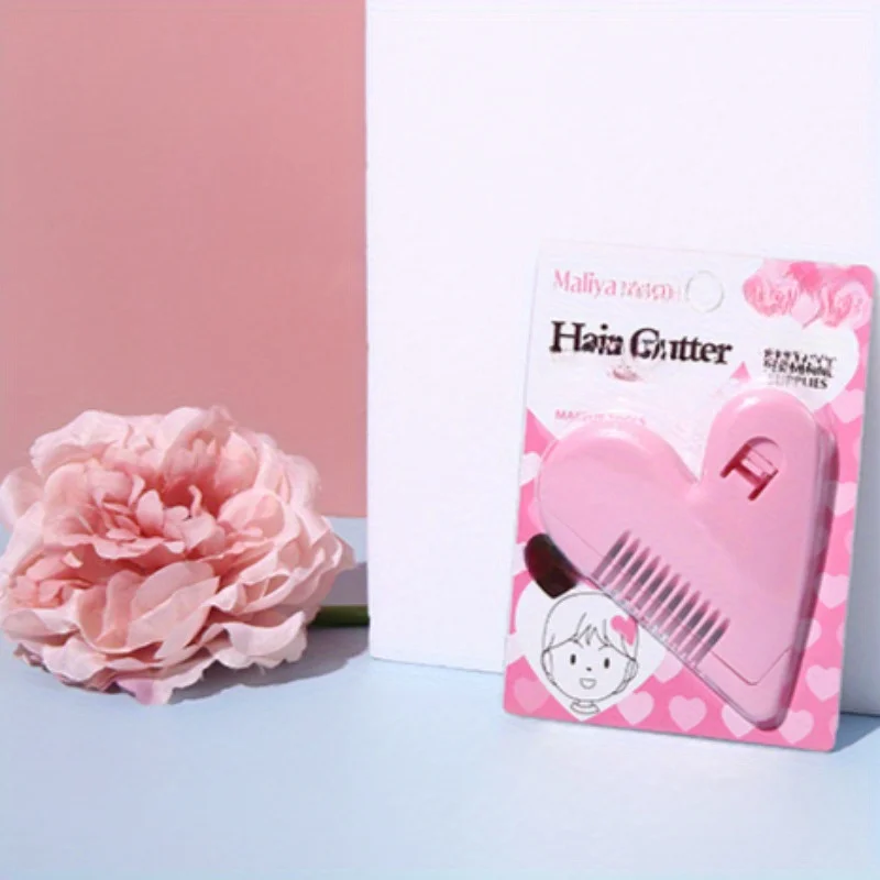 Pink Heart Double-Sided Hair Comb with Hair Cutting Knife, Love-Hair Bangs Thinning Tool for Kids, Self-Trimming Hair Comb