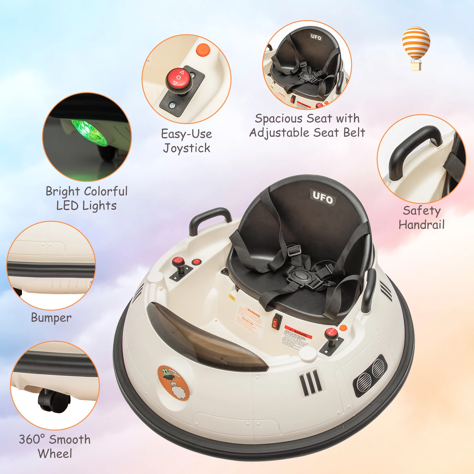 รถยนต์กันชนไฟฟ้าสำหรับเด็ก 12V พร้อมรีโมทคอนโทรล ของเล่นขี่สำหรับเด็กเล็ก หมุนได้ 360 องศา °   ล้อหมุน, ไฟ LED, เข็มขัดนิรภัย