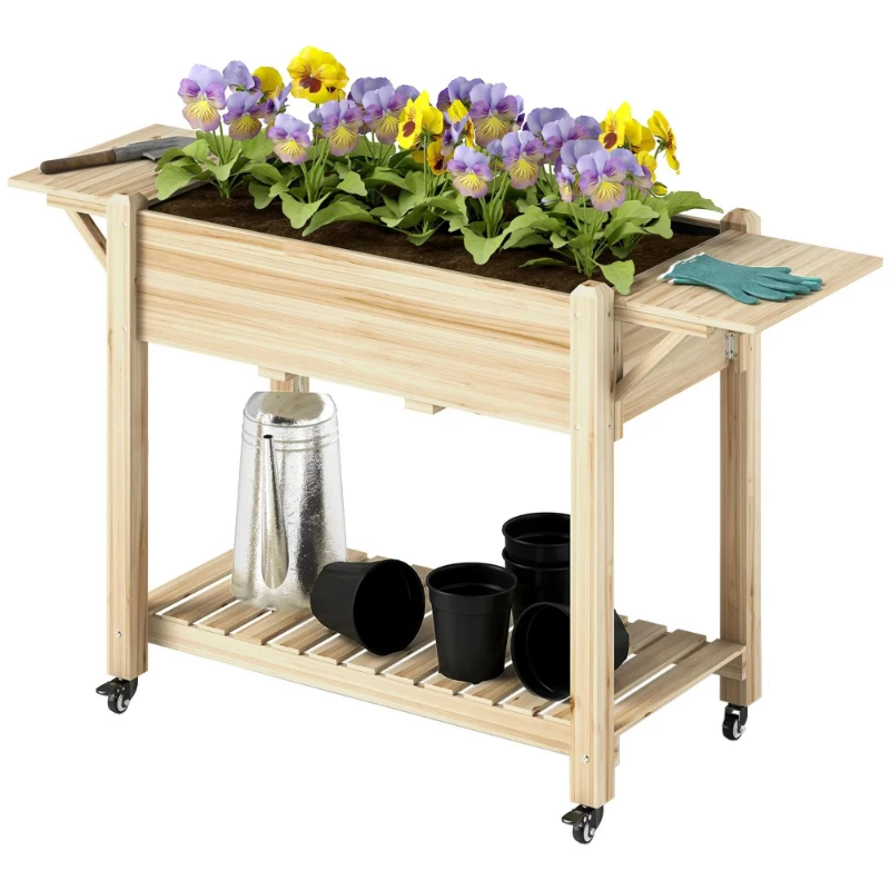 Natural wood elevated planter with locking wheel, side table and bottom drain hole