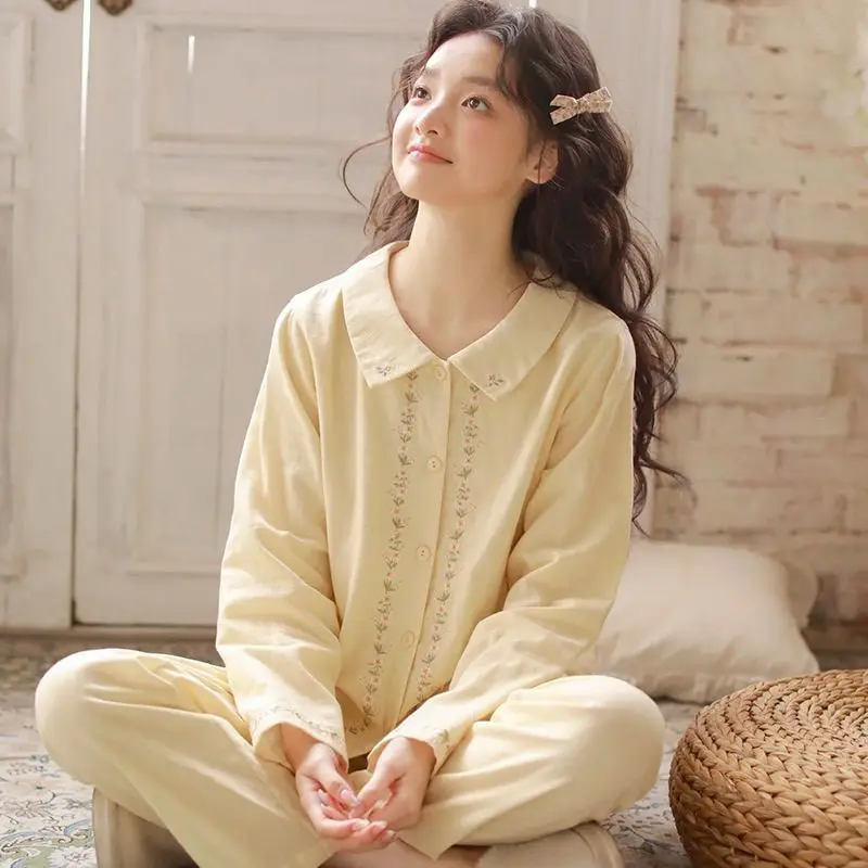 

New Pajama Sets Women's Long-sleeved Trousers Home Wear 2-piece Suit Korean Style Cute Embroidered Retro Thin Style Nighty Set