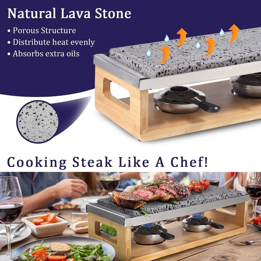 Smokeless BBQ Grill com suporte de bambu, Bife, Lava, Stone Table, Outdoor