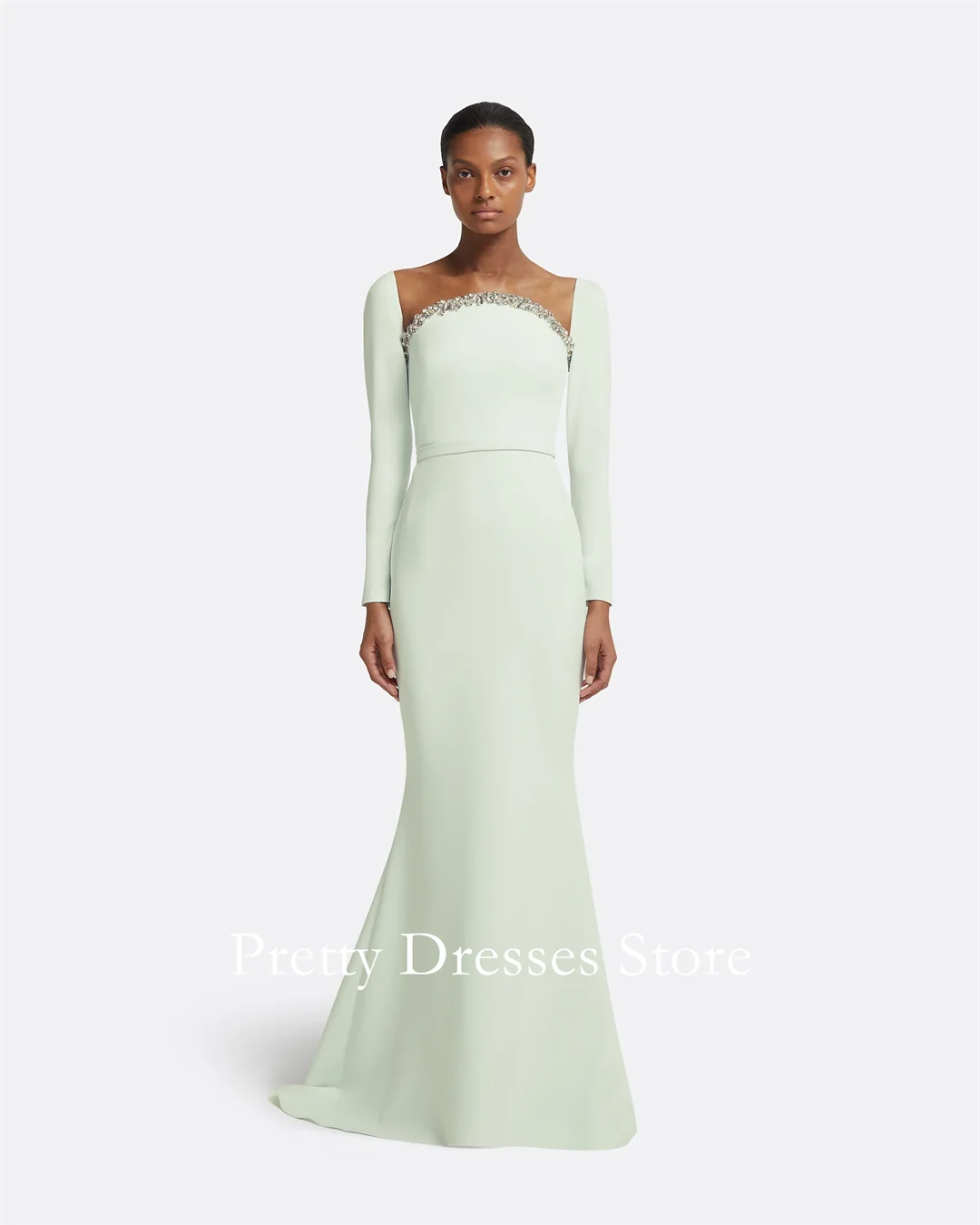 

Квадратные кристаллы на шее, мятное креповое зеленое платье, вечерние платья, длиной до пола, вечерние платья для выпускного вечера, вечерние платья de fiesta