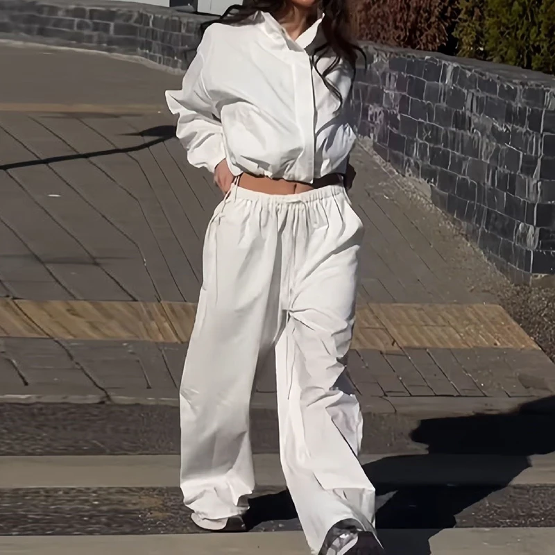 Casual Zipper Cardigan+Pants 2pc Set Temperament Stand Up Collar Loose Drawstring Suit Lady Simple Solid Off Waist Sports Outfit