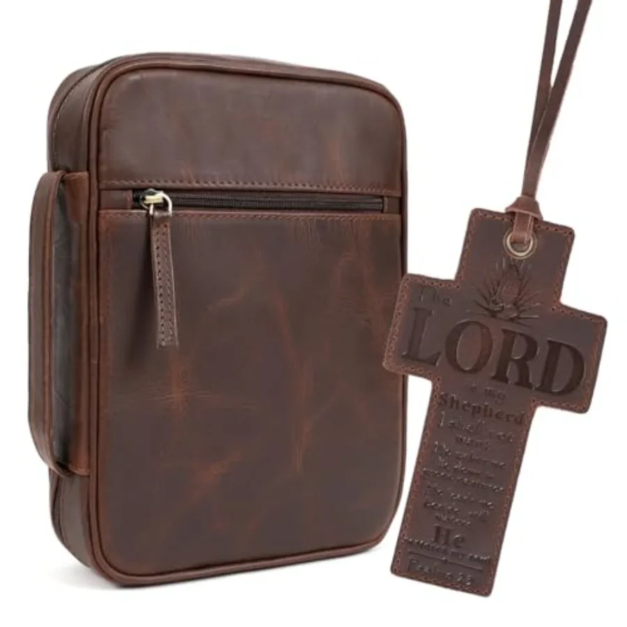 

Leather Bible Cover for Men Bible Case for Women Zippered Holder Protector Cross Church Tote Bag Carrying Organizer Sleeve Gift