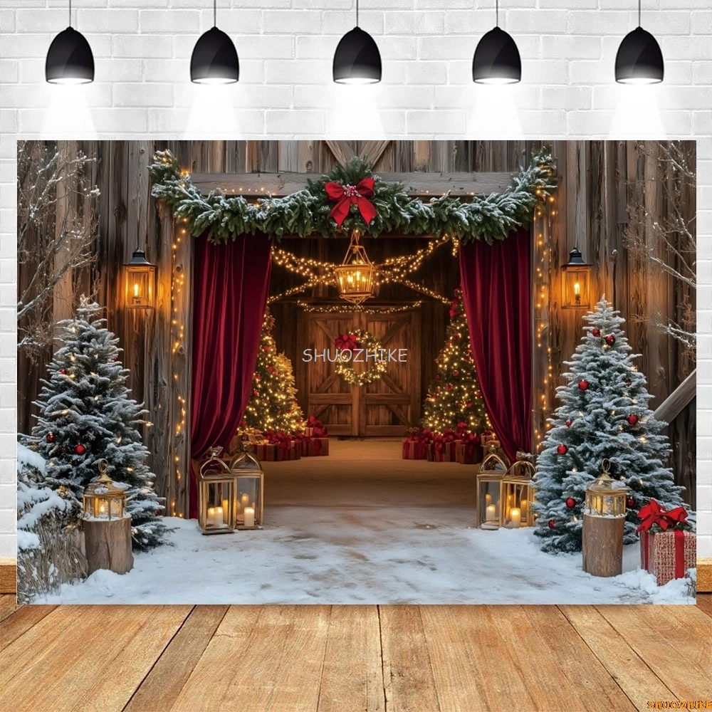 Christmas Red Barn Door Backdrop Farm Warehouse Snow Xmas Tree Light Gifts Kids Portrait Family Party Photography Background