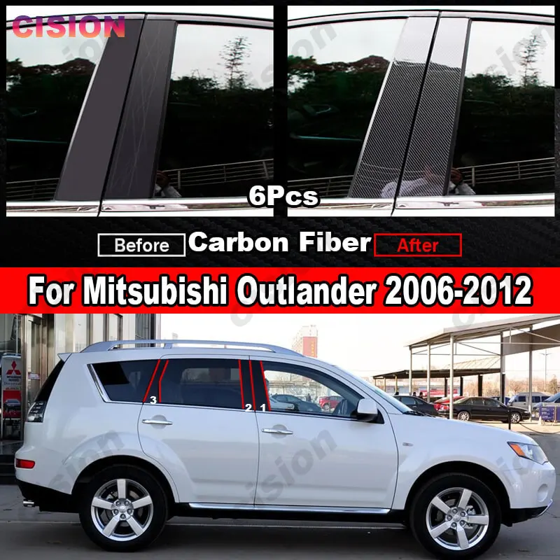 6Pcs Car Window Door Column BC Pillar Post Cover Trim Mirror Effect Black PC Material Sticker For Mitsubishi Outlander 2006-2012