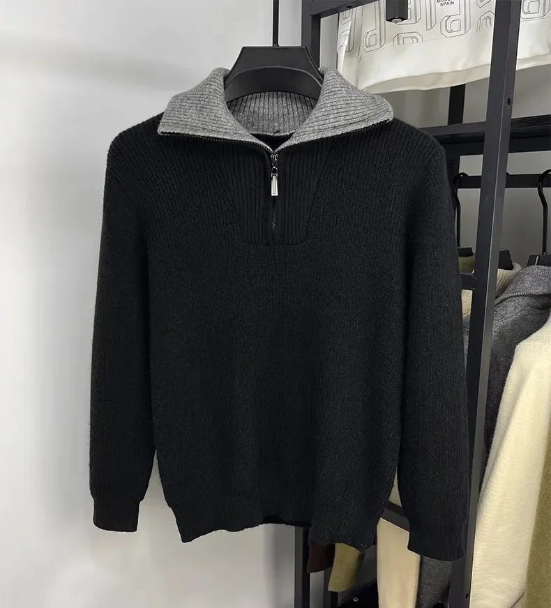 High-End-Marken-Trend-Männer-Pullover mit halbem Reißverschluss 2024, Herbst und Winter, neue lässige Mode, verdickter einfarbiger Strickpullover mit Stehkragen – Detail 15