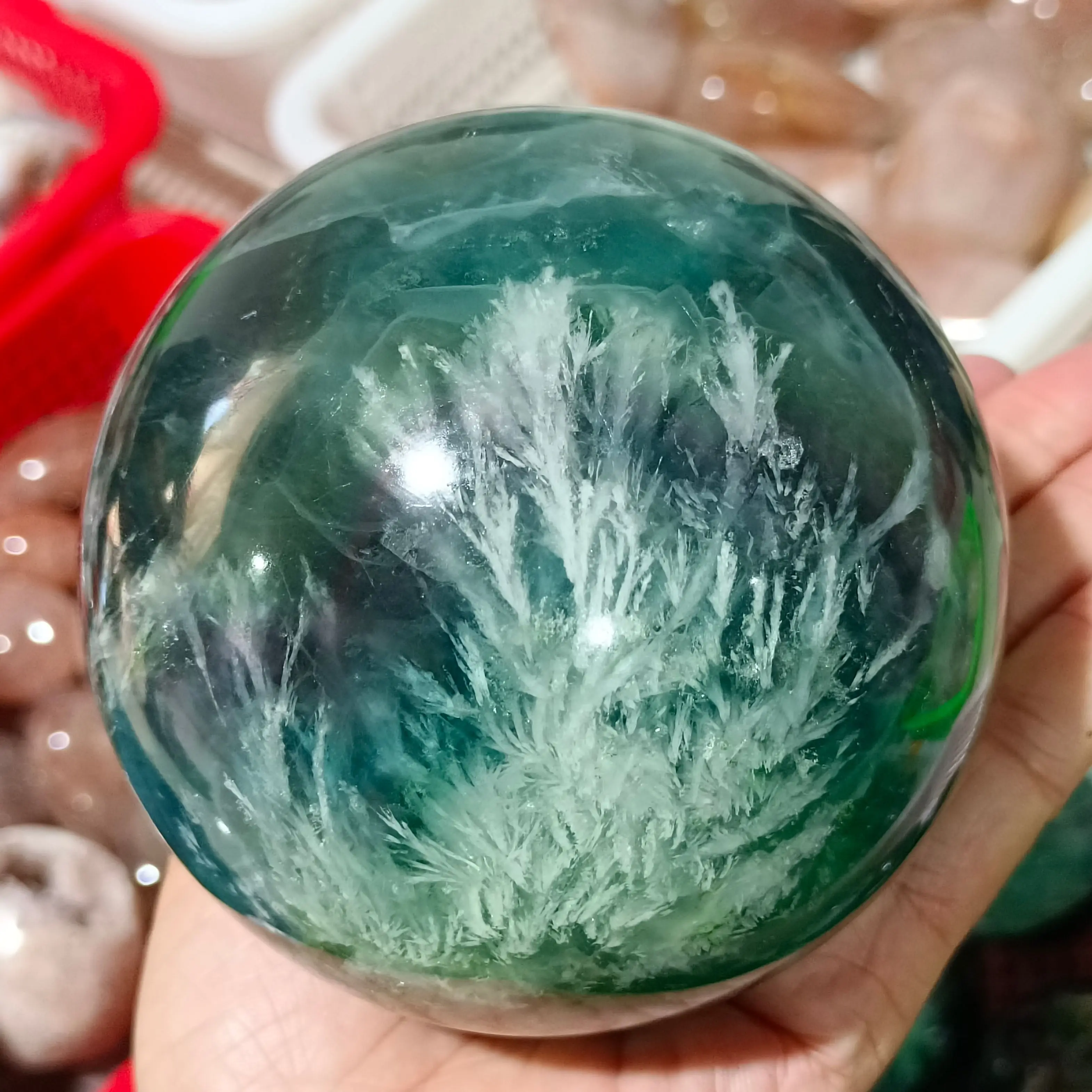 

Magical Natural Feather Fluorite Ball Quartz Crystal Mineral Specimen Reiki Healing Home Office Degaussed DecorativeEnergy Gem