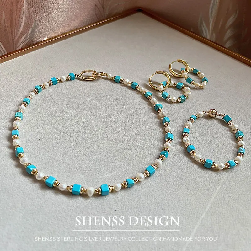 Natural Turquoise Freshwater Pearl Necklace Bracelet Copper Plated 14K Gold Accessories