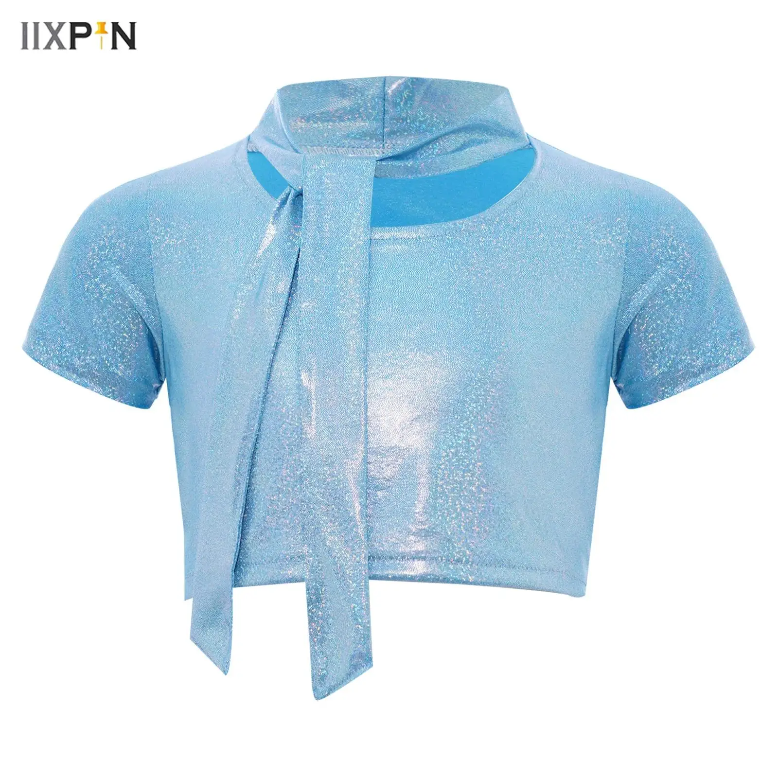 

Kids Boys Girls T-shirt Lace-up Collar Short Sleeves Metallic Dance Crop Top for Cheerleading Jazz Dance Stage Performance Party