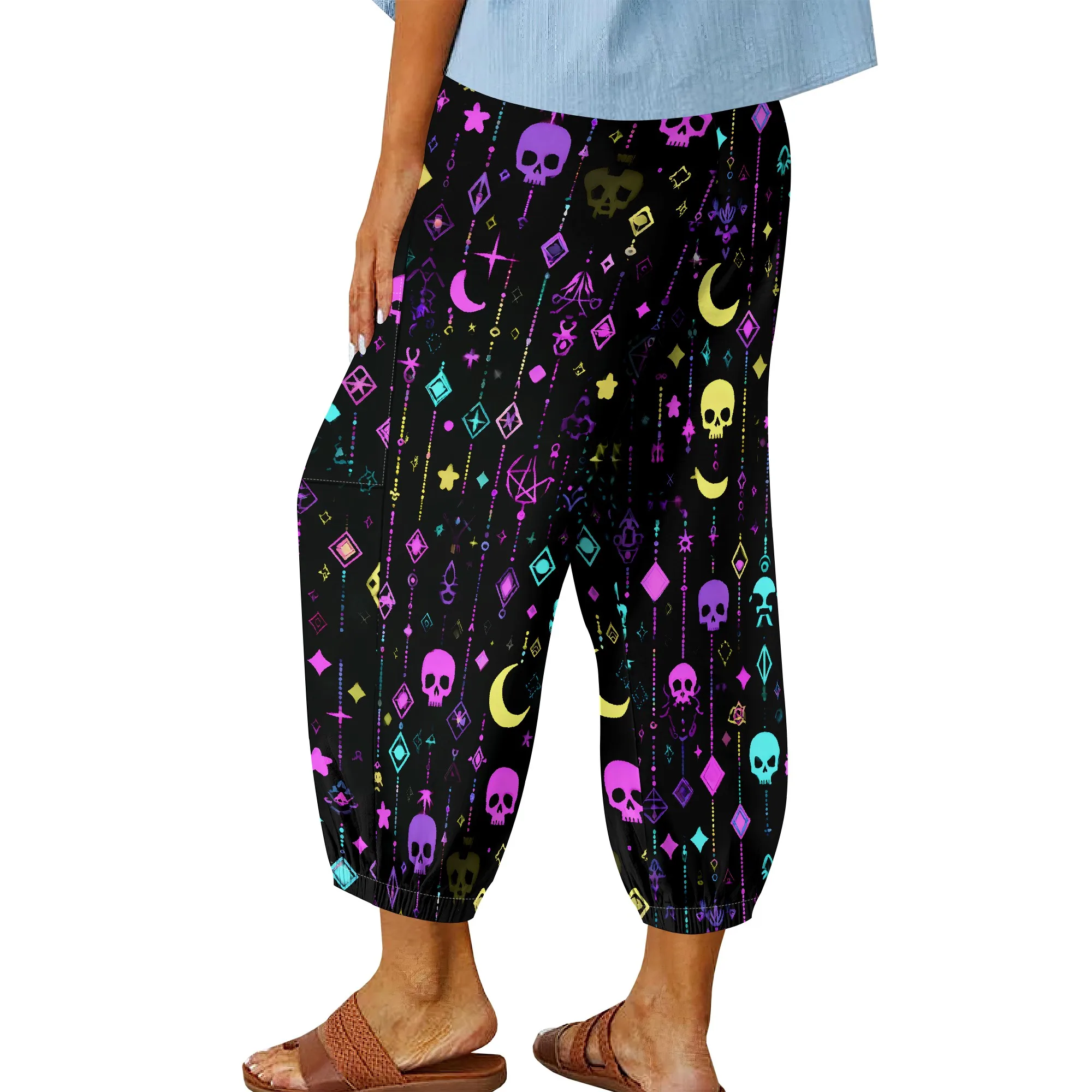 Gothic Skull Print Pants, Neon Moon Graphic Trousers, Occult Crystal Harem Pants, Witchy Lounge Wear for Women, XS-3XL
