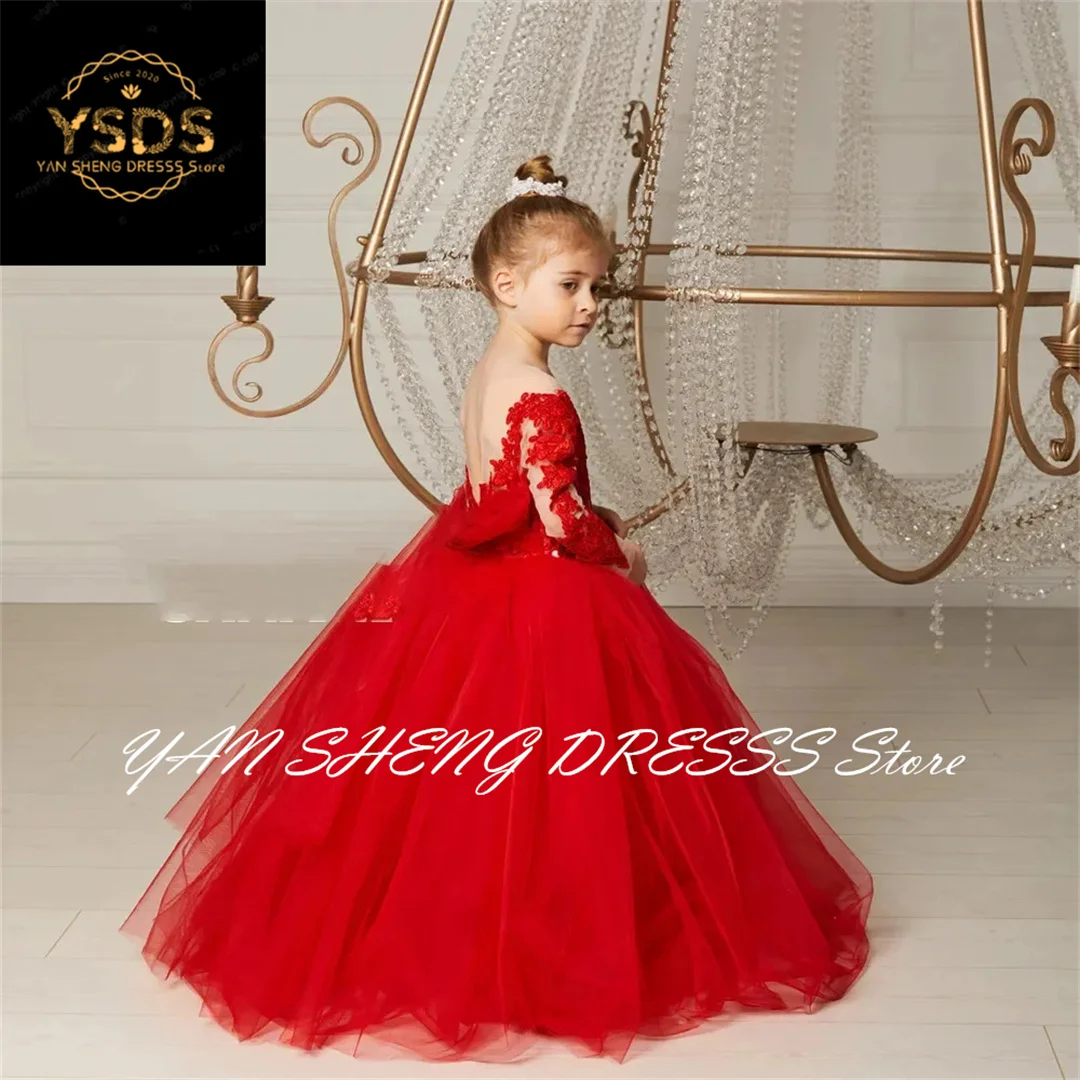 New Red Flower Girls Dresses Bow Appliques Backless Lace Fluffy round neck with Long Sleeves Beautiful Bridesmaid Birthday