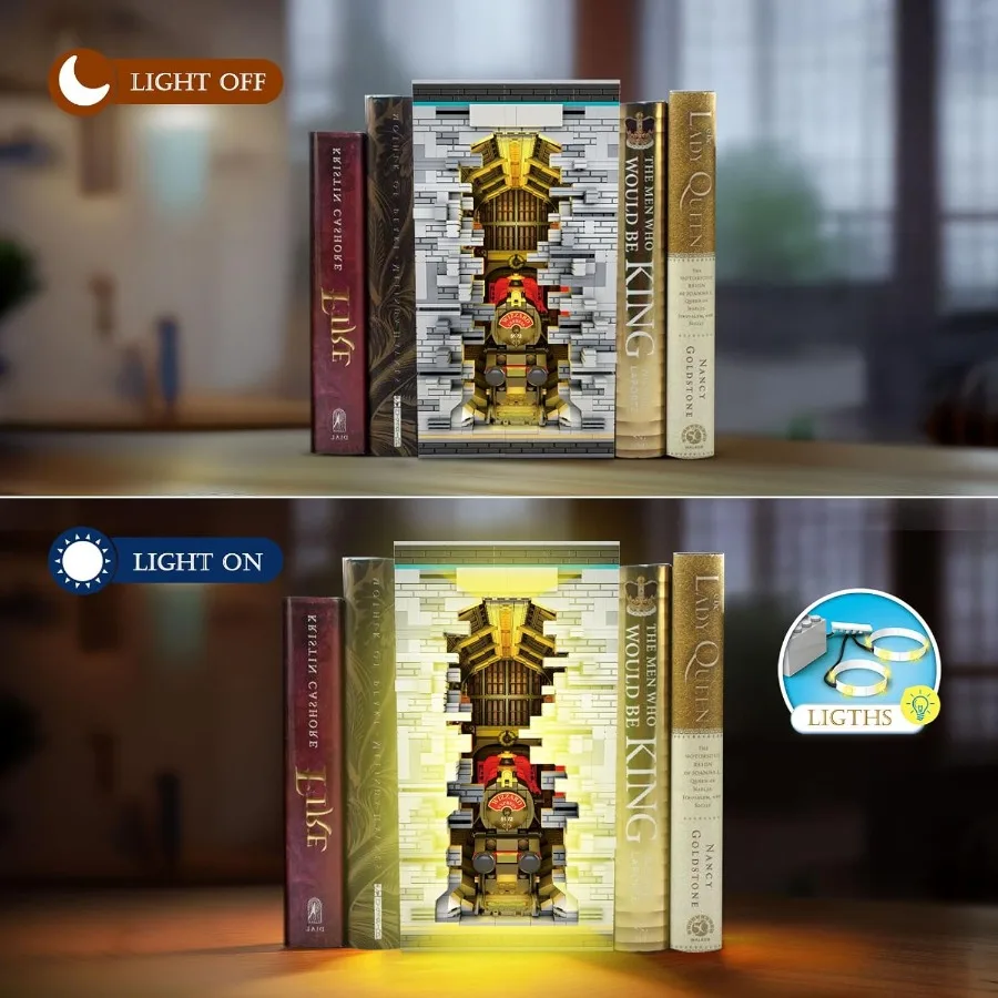 Juego de construcción de libros de tren mágico con luces, Kit de construcción de sujetalibros creativos, estantería, decoración del hogar, 2795 Uds., modo de rincón de libros, 66031