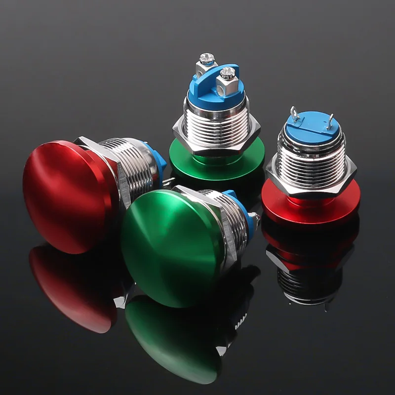 Mushroom Head Metal Push Button Switch 16/19/22MM 1NO Self-Reset Momentary Screw Foot Welding Foot Red/Yellow/Blue/Green/White