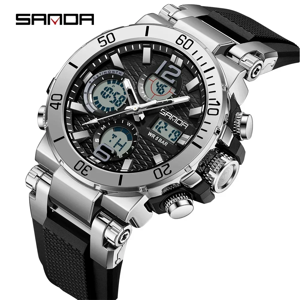 SANDA 6167  Multifunctional Popular Men's Alarm Clock Wristwatch New Dual Screen Men's Digital Watch Nightlight Waterproof