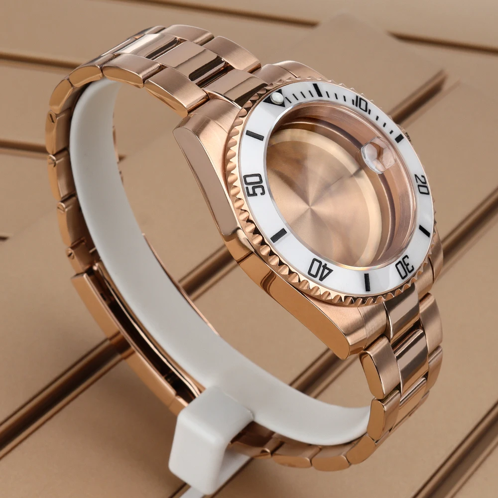 Women's Luxury 40MM Rose Gold Watch Case Blue Bezel Sapphire Glass For SUB NH35 NH36 NH38/34 Miyota 8215 ETA2824 Movt Strap Part