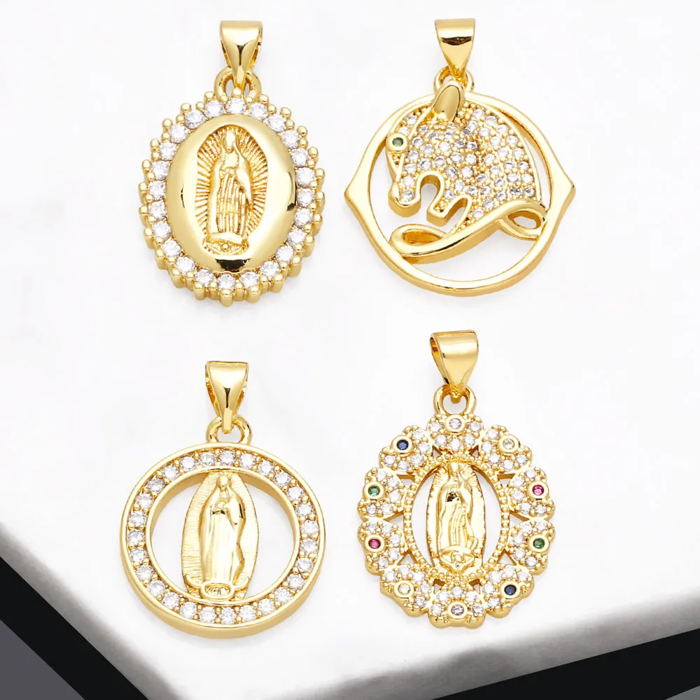 OCESRIO White Crystal Virgin Mary Necklace Pendant Bracelet Copper Gold Plated Medal Jewelry Making Supplies Wholesale pdtb082