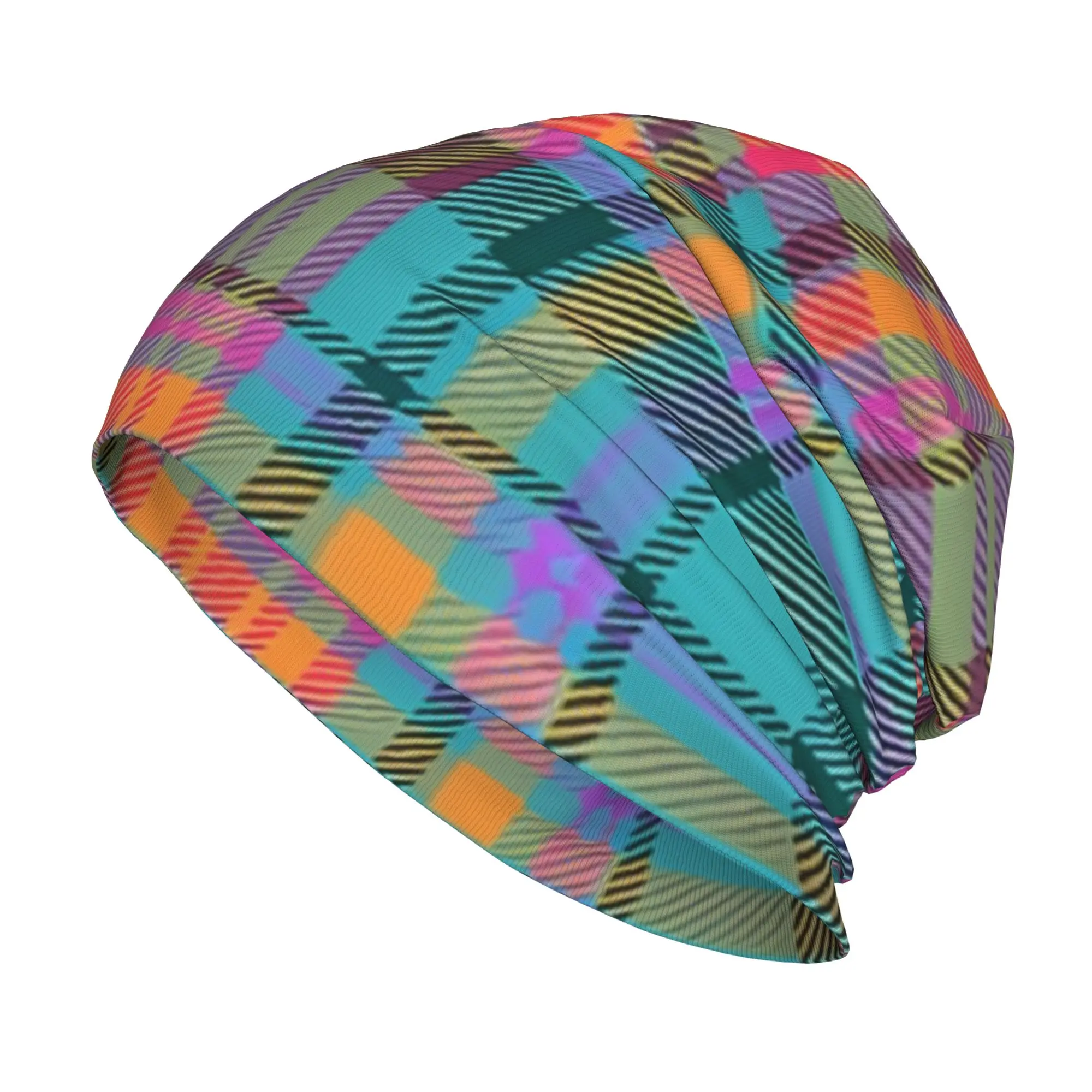 Scottish Tartan Men Women's Thin Hat Neon Tartan In Turquoise And Pink Accents Street Style Cap Design Skullies Beanies Caps