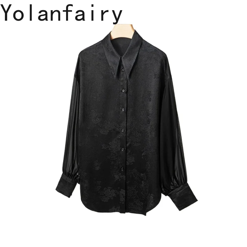 

YOLANFAIRY New 100% Acetate Shirts for Women Spring Elegant Jacquard Blouse Woman Long Sleeve Shirt Spliced Silk Sleeves Tops