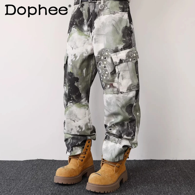 

Модные мужские брюки с эффектом чернильных брызг, изогнутым кроем и большими карманами, прямые, в стиле рабочей одежды, свободные, персонализированные, весна 2026, новинка