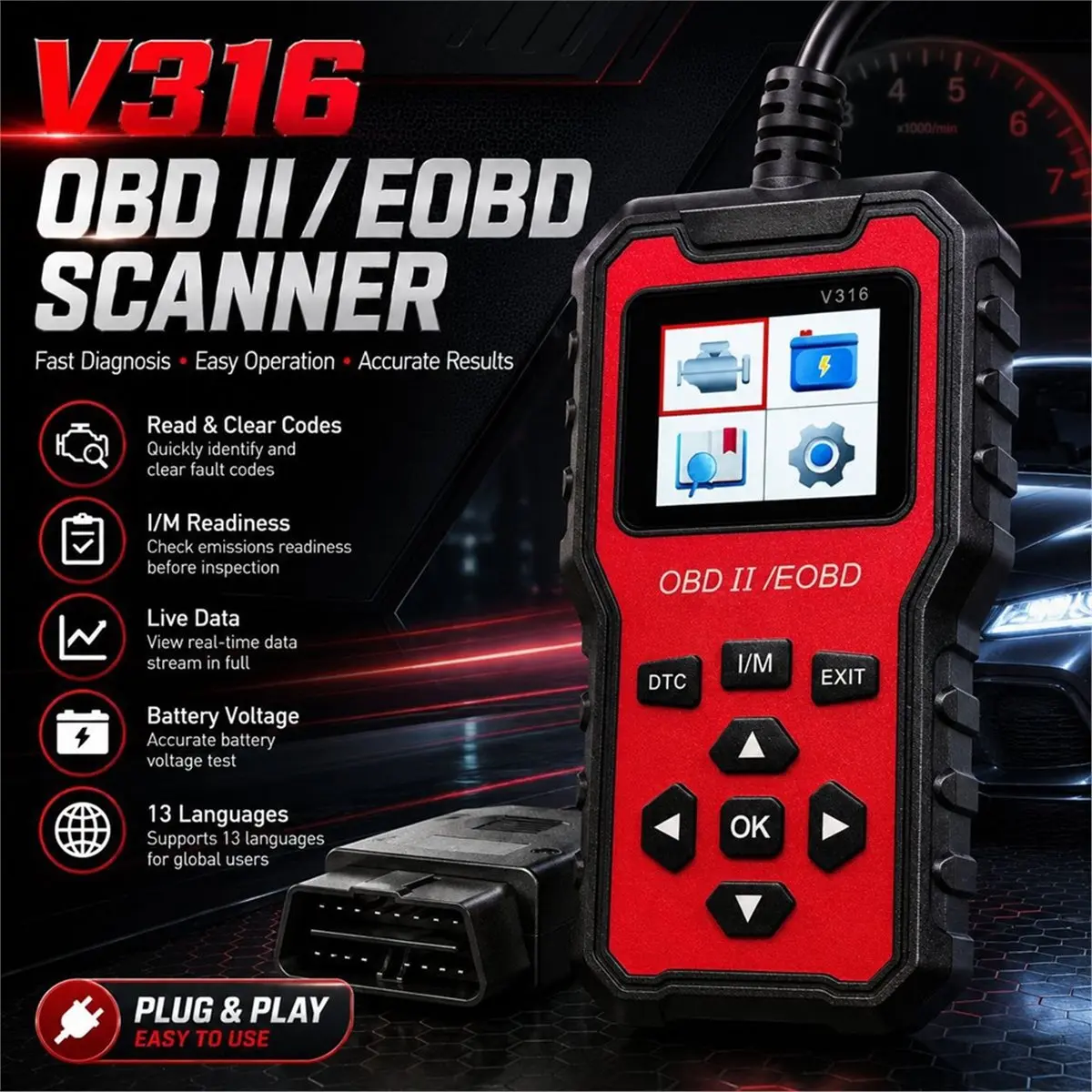 Compatible V316 Universal Car OBD2 Scanner Engine Diagnostic Tool for Fault Code Reading & Clearing