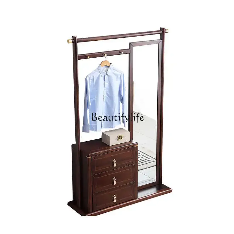 

New Chinese-style solid wood coat rack, locker integrated with mirror, ebony floor-to-ceiling shelf
