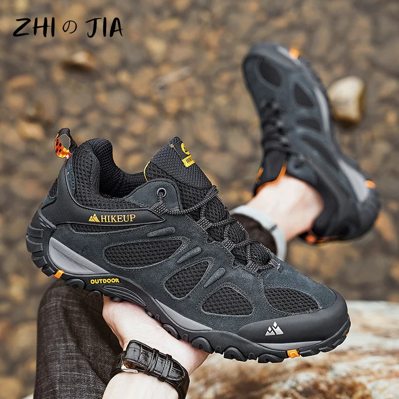 Men\'s Autumn Winter Genuine Leather Hiking Shoes Outdoor Sports Off-Road Shoes  Thick Soled Wear-Resistant Anti Slip Sneaker