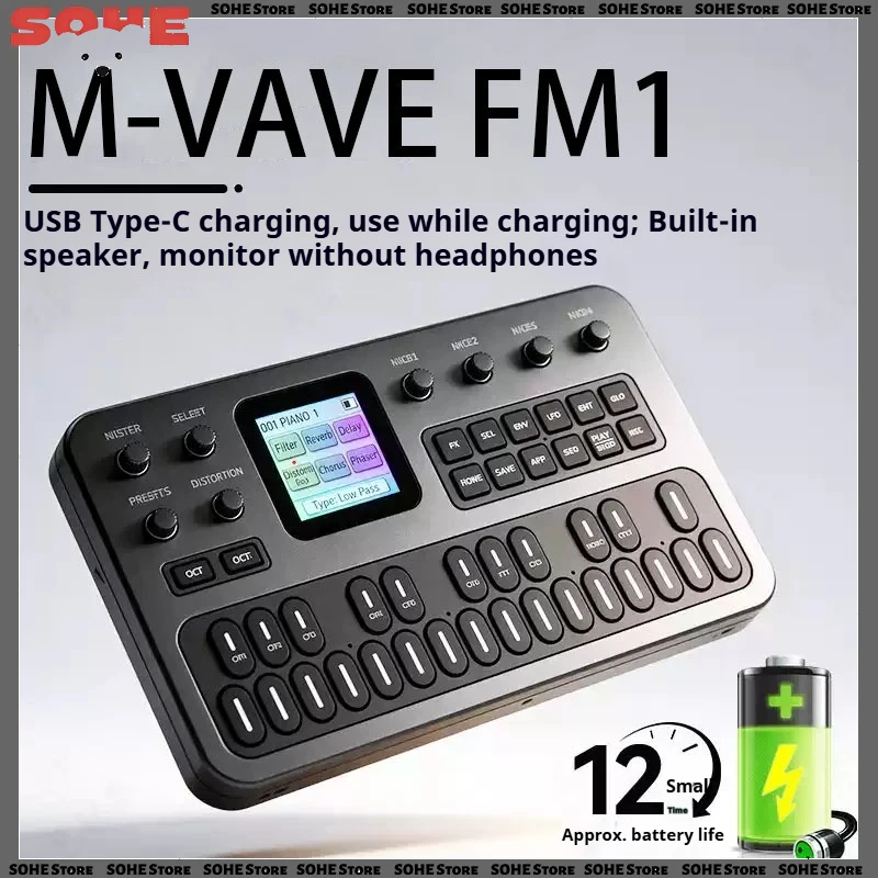 M‑VAVE FM‑1 Pocket FM Synthesizer,27Silicone Keys,128Presets,Bluetooth MIDI,Built‑in Speaker,12H Battery,Portable Music Keyboard