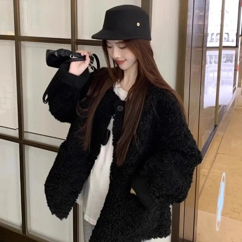 Корейская женская повседневная шуба с круглым вырезом, женская модная куртка из искусственного меха высокого класса, осенне-зимняя женская плюшевая верхняя одежда с длинными рукавами