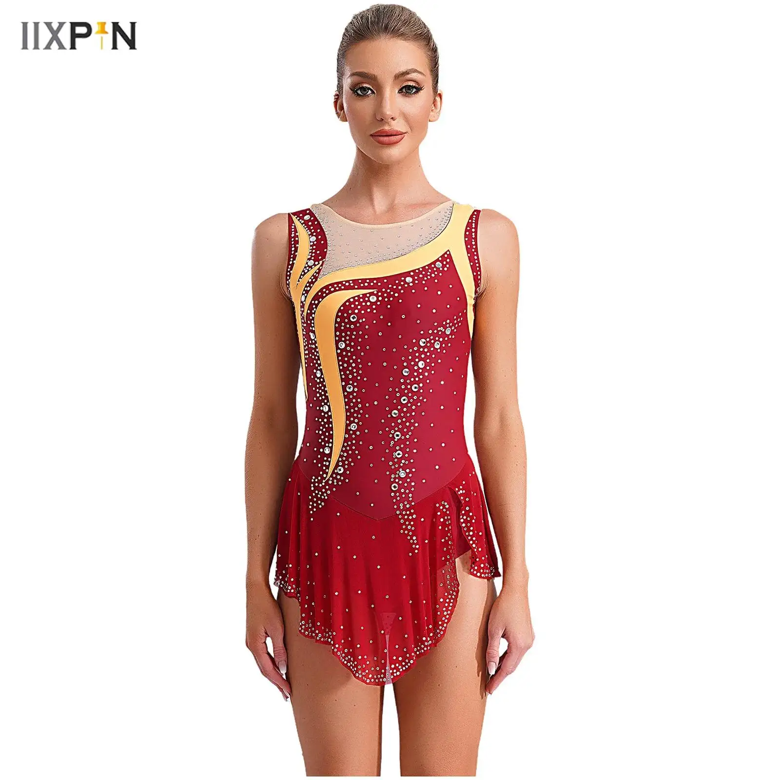 

Women Rhythmic Dance Gymnastics Leotard Sleeveless Contrast Color Patchwork Rhinestones Slit Overlay Skirted Bodysuit Ballerina