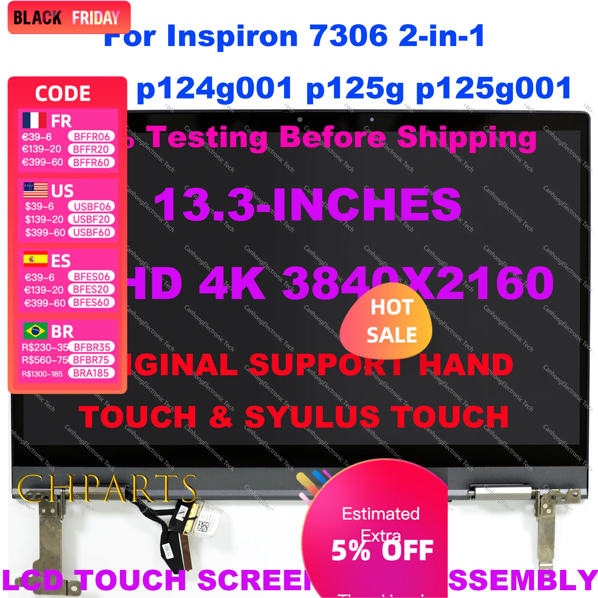 0FHDKN For Dell Inspiron 7300 7306 2-in-1 p124g p124g001 p125g p125g001 LCD Touch Screen Laptop Full Assembly Sliver FHD UHD