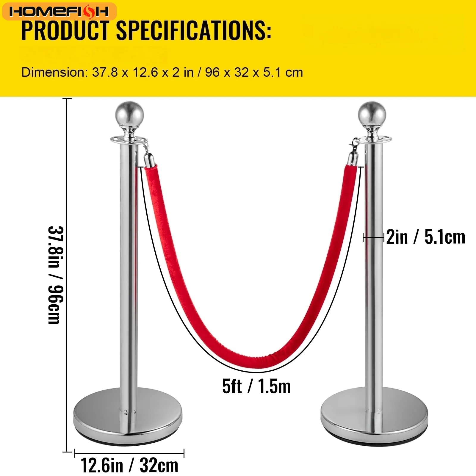 SucceBuy 38Inch Gold Silver Stanchion Posts Queue Red Velvet Rope Crowd Control Line Barriers w/ Stable Base for Party Supplies