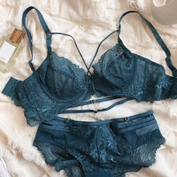Conjunto de sujetador de realce calado para mujer, ropa interior Sexy de encaje francés bordado, lencería íntima transpirable ultrafina de verano, 2 piezas