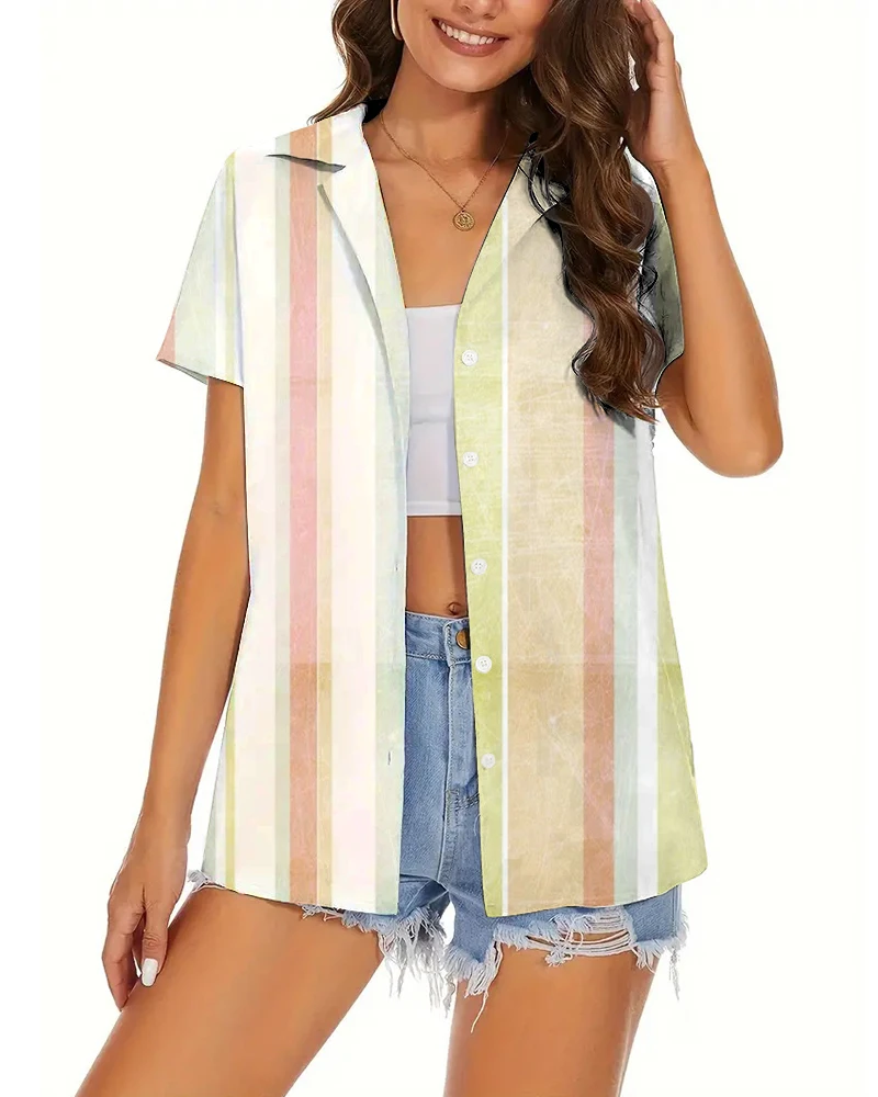 

Short Sleeve Suit Collar Shirt Women's Thin Shirt Striped Print Design Everyday Top Breathable And Comfortable Spring And Summer