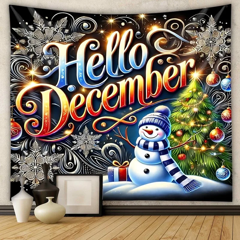 VIKAMA Hello December Snowman Wall Tapestry Xmas Tree Snowflake Wall Hanging Backdrop for Holiday Home Decoration