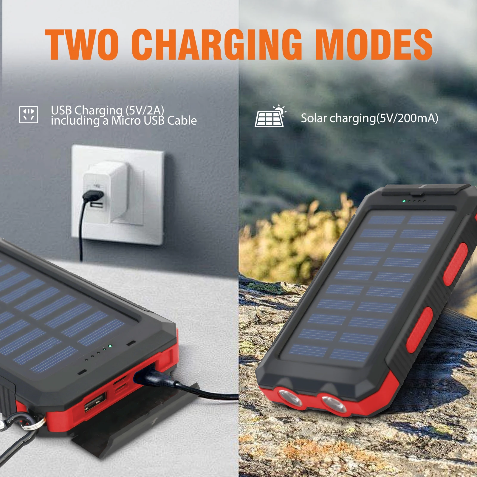 20000mAh شاحن بالطاقة الشمسية مقاوم للماء المحمولة بنك الطاقة الشمسية المزدوج 5 فولت منافذ USB 2 مصباح ليد جيب البوصلة للتخييم في الهواء الطلق Hik