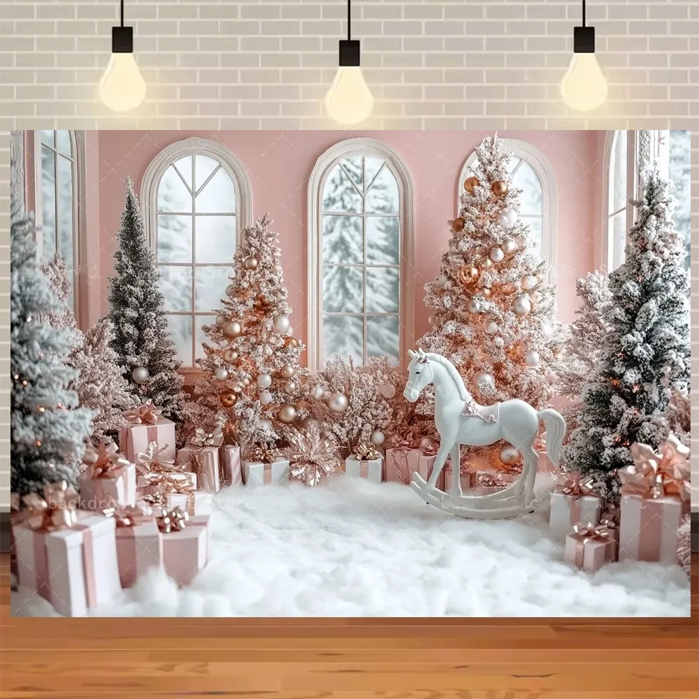 

Pink Christmas Party Backdrop Family Decor Banner Retro Indoor Arch Window Gift Xmas Tree Kids Portrait Photography Background