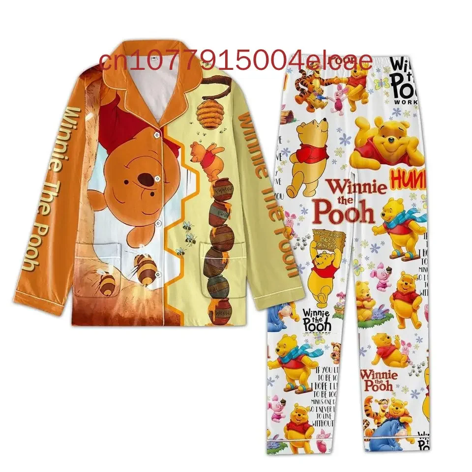 Disney Pooh Pumpkin Christmas Pajama Set Winnie the Pooh Halloween Casual Men's and Women's Long Sleeve Shirt Pajama Set